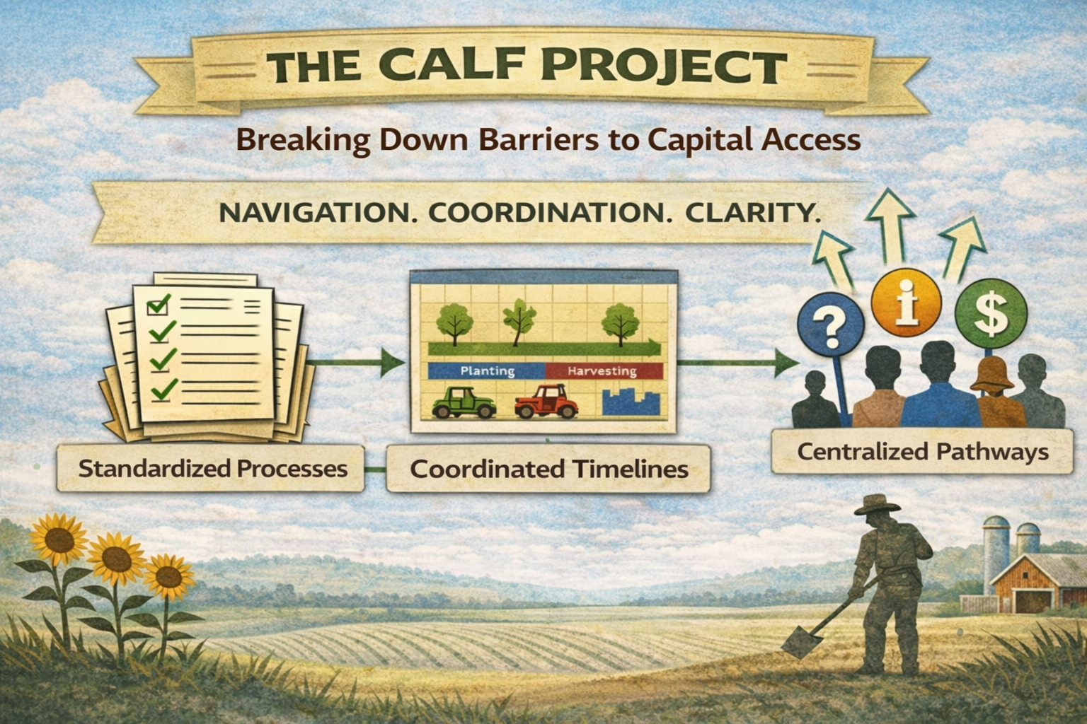 Illustrated infographic titled “The CALF Project – Breaking Down Barriers to Capital Access,” showing how navigation, coordination, and clarity affect farmer access to funding. The image depicts three connected system elements: standardized processes represented by stacked checklists, coordinated timelines shown through a planting and harvesting calendar, and centralized pathways illustrated by grouped people with information and funding icons. These elements point toward a farmer working in a field, emphasizing how shared infrastructure reduces administrative burden, aligns support with seasonal realities, and improves equitable access to capital for small and diversified farms. | Rogue Media Solutions