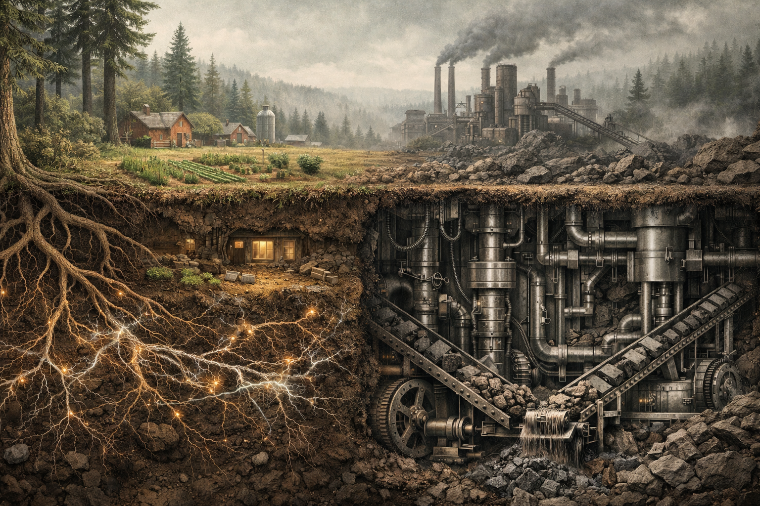 Wide editorial illustration of a Pacific Northwest forest and farmland shown in cross section, with an underground mycorrhizal network glowing through dark soil and connecting tree roots, small farms, and rural homes on one side, contrasted with a cold industrial extraction system of steel pipes, gears, and conveyors pulling resources upward toward distant factories, under misty Oregon forest light in muted earth tones.