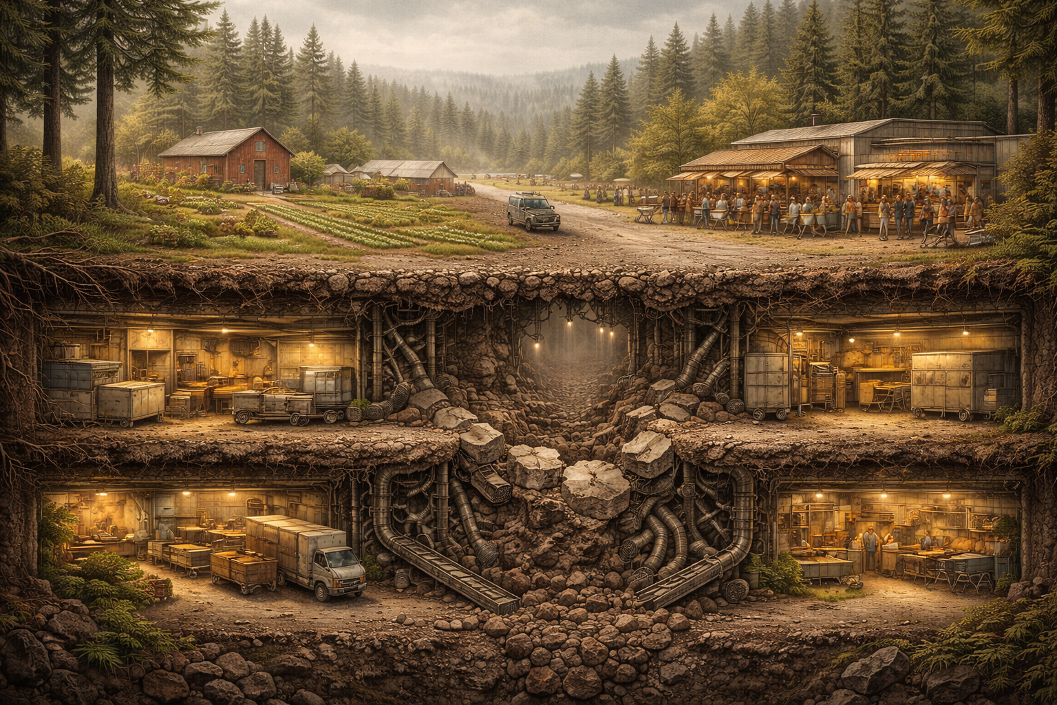 Cross-section illustration of a Pacific Northwest farm landscape showing the contrast between natural mycelium networks connecting a small local farm underground and a large industrial processing system on the opposite side, symbolizing the gap between local agriculture and centralized food infrastructure.